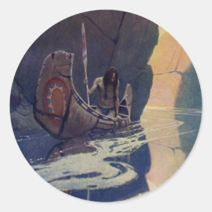 N. C. Wyeth Indianisches Kanu Paddel Illustration Runder Aufkleber