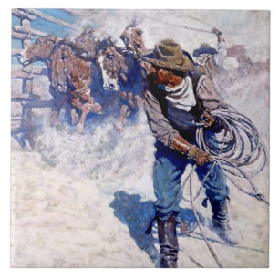 N C Wyeth Western-Gemälde „Roping Wild Horses“ Fliese