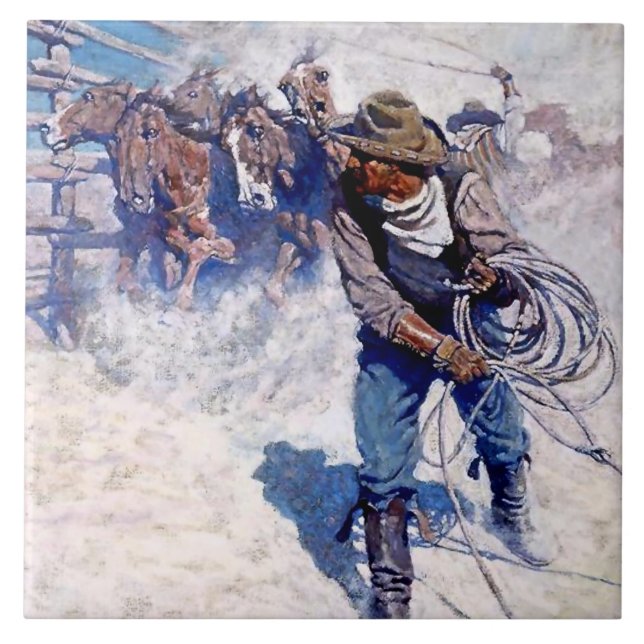 N C Wyeth Western Malerei "Roping Wild Horses" Fliese (Vorderseite)