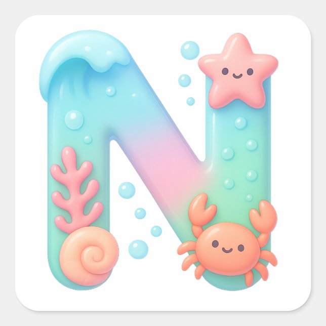 "N" Cute Letter - Underwater Sea Creature Quadratischer Aufkleber (Vorderseite)