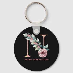 N Floral Monogram Name Letters Pink Agate Schlüsse Schlüsselanhänger