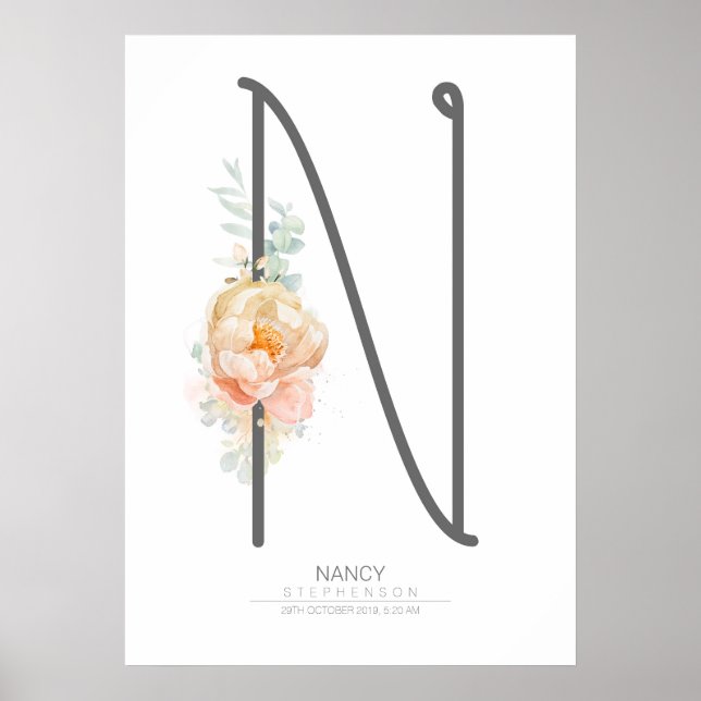N Letter Monogram Blush Peach Floral Wohngestaltun Poster (Vorne)