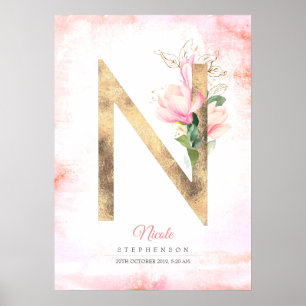 N Letter Monogram Gold Blätter Pink Magnolia Flora Poster