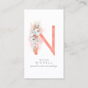 N Letter Monogram White Orchias and Pampas Grass Visitenkarte