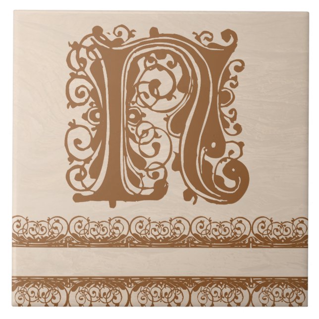 N Monogram, Light Brown Wood Texture Keramik Tile Fliese (Vorderseite)