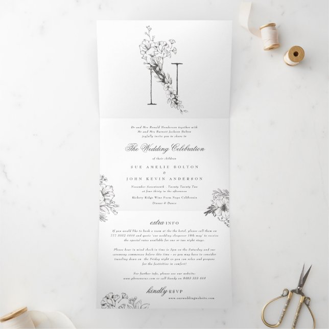 'N' Monogram Schöne gezeichnete Blumenhochzeit Dreifach Gefaltete Einladung (Innenseite)