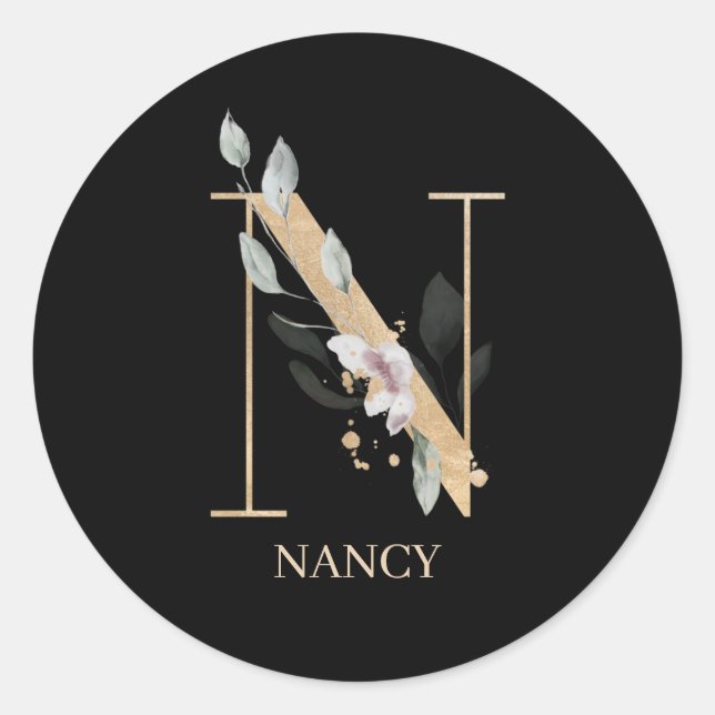 n Monogramm Floral Personalisiert Runder Aufkleber (Vorderseite)