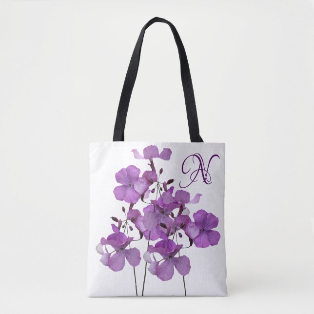 N monogramm hübscher lila Blume Blumenstrand Tasche (Vorderseite)