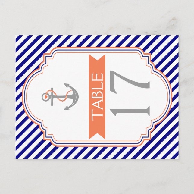 Naby bleu, mariage nautique corail numéro de table (Dos)