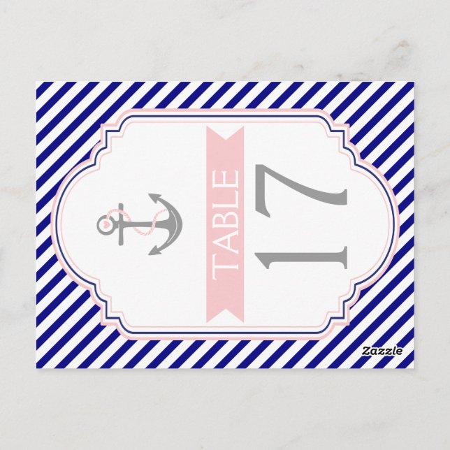 Naby blue, pink nautical wedding Tischnummer (Rückseite)