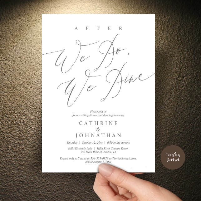 Nach dem Essen essen wir, Hochzeitsessen und Tanze Einladung (After we do, we dine, Modern Romance Wedding Dinner and Dancing Invitation Card, PDF, in Dark Grey)