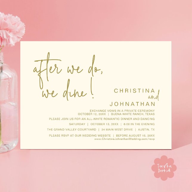 Nach dem Essen essen wir, romantisches Hochzeitses Einladung (After We Do We Dine Romantic Wedding Dinner Party Invitation Card Modern Boho PDF Classy Yellow Gold)