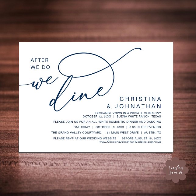 Nach dem Essen essen wir, romantisches Hochzeitses Einladung (After We Do We Dine Romantic Wedding Dinner Party Invitation Card Modern Boho PDF Classy Navy Blue)