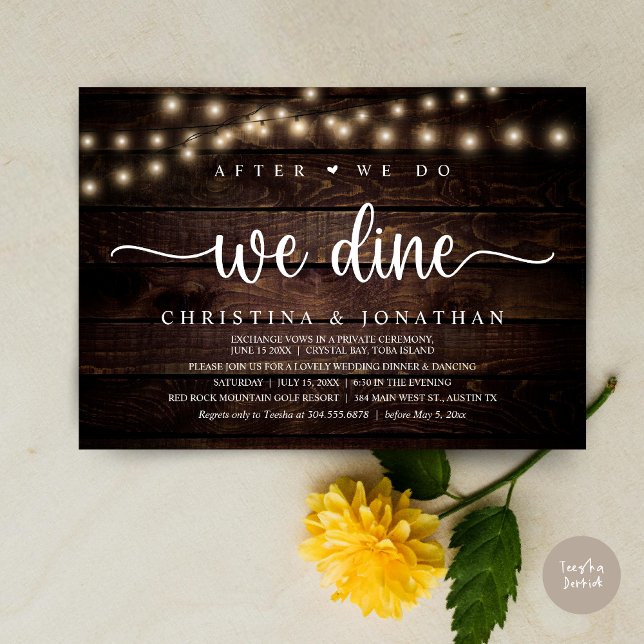 Nach dem Essen essen wir, rustikales Hochzeitsesse Einladung (After We Do, We Dine, Rustic Wedding Dinner Invitation card, pdf, in cottage dark wood)