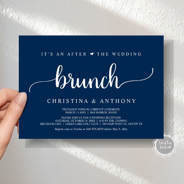 Nach dem Hochzeitsbrunch, rustikale Einladung (After The Wedding Brunch, Elopement Invitation Card, Rustic Script in Navy Blue.)