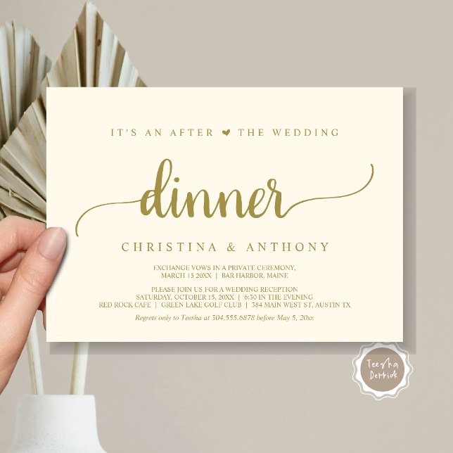 Nach dem Hochzeitsessen, rustikale Entspannung Einladung (It's An After The Wedding Dinner, Elopement Invitation Card, Modern Rustic Script in Classy Gold.)