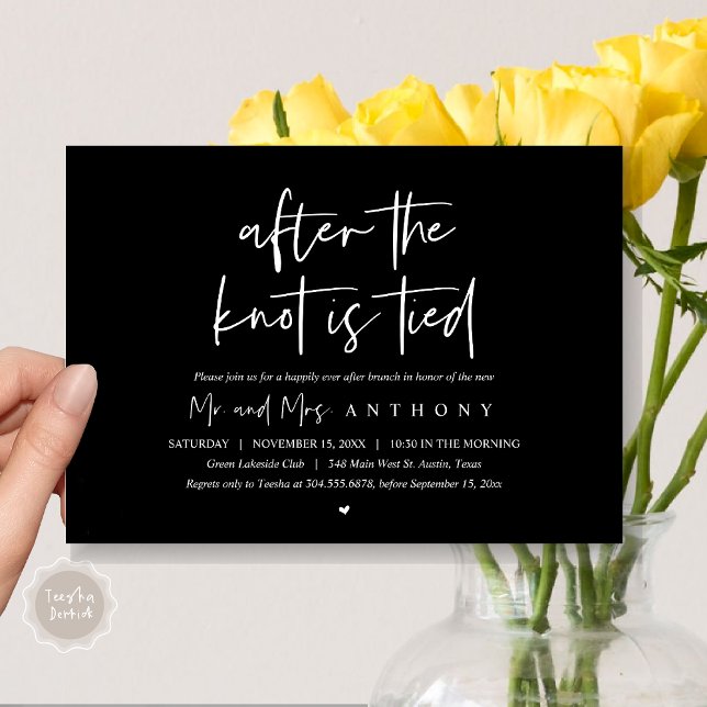 Nach dem Knoten gebunden, glücklich immer nach Bru Einladung (After The Knot Is Tied, Post Wedding Brunch Invitation Card, PDF, Modern Script, Elegant Black)