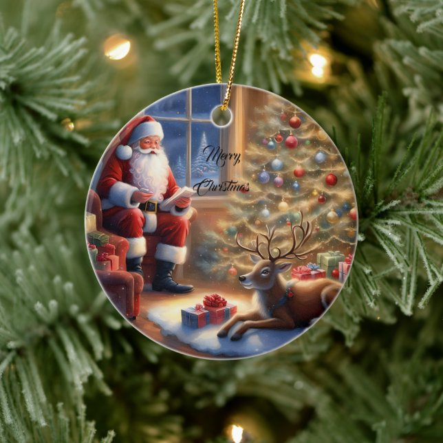 Nach der Arbeit - der Weihnachtsmann und seine Ren Keramik Ornament (Baum)