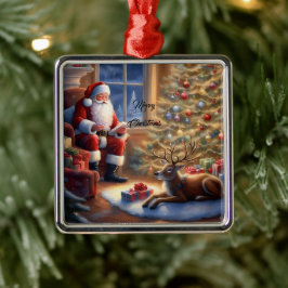 Nach der Arbeit - der Weihnachtsmann und seine Ren Ornament Aus Metall