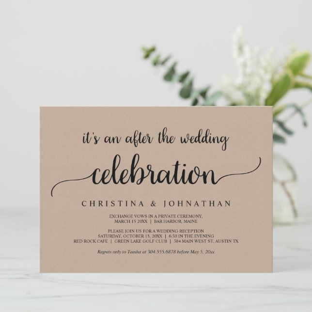 Nach der Hochzeit Brunch, rustikale Kraft Elopemen Einladung (Stehend Vorderseite)