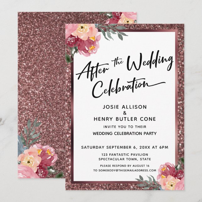 Nach der Hochzeit feiert die Rose Gold Floral Einladung (Vorne/Hinten)