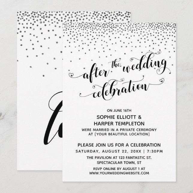 Nach der Hochzeit feiert Silver Confetti Einladung (Vorne/Hinten)