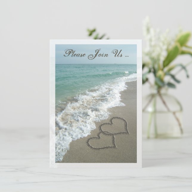 Nach Hochzeiten Empfang Zielort Beach Herz Einladung (Stehend Vorderseite)