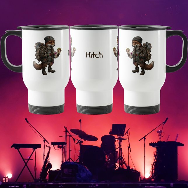Nach-Konzert-Kebab-Fuchs-Kaffee Reisebecher (Exhausted Indie Music Fan Red Fox Character Illustration. Post gig coffee travel mug for commuters)