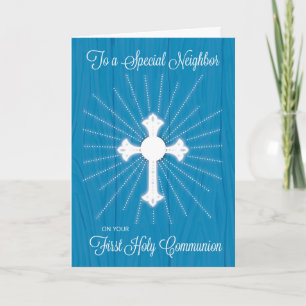 Nachbar Erstkommunion Kreuz und Strahlen auf Blau Karte