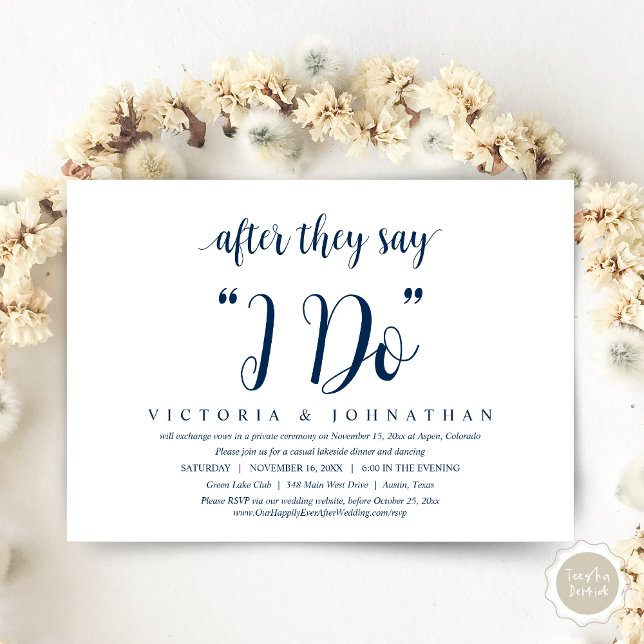 Nachdem sie sagen, ich tue, Hochzeit Elopement Din Einladung (After They Say I DO, Wedding Elopement Dinner Invitation Card, PDF, Modern Rustic, in Navy Blue)