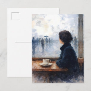 Nachdenkliche Frau Regnerisches Caféfenster Aquare Postkarte