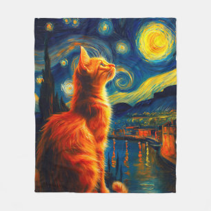 Nachdenkliche Ingwerkatze Sternenhimmel Fleecedecke