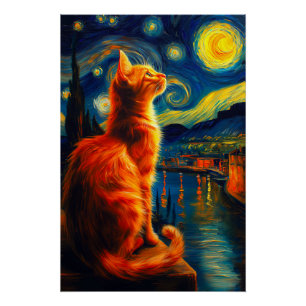 Nachdenkliche rote Katze Sternenhimmel Poster