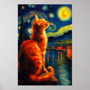 Nachdenkliche rote Katze Sternenhimmel Poster