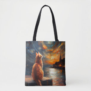 Nachdenkliche rote Katze Sternenhimmel Tasche