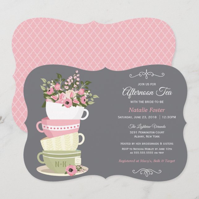 Nachmittags Tea Bridal Dusche Einladung (Vorne/Hinten)