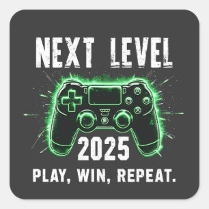 Nächste Stufe 2025 Spiel gewinnen Wiederholung Fun Quadratischer Aufkleber
