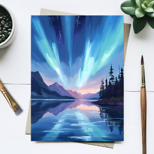 Nacht Himmel mit Nordlichtern auf dem See reflekti Postkarte