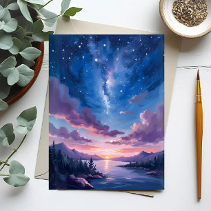 Nacht Himmel   Sternensee Lila Aquarell Postkarte