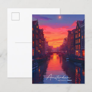 Nacht in Amsterdam Niederlande Reise Postkarte
