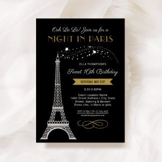 Nacht in Paris Eiffel Tower Gold Sweet 16 Geburtst Einladung