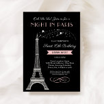 Nacht in Paris Eiffel Tower Sweet 16 Geburtstag Einladung<br><div class="desc">Ooh La La! Diese "Night in Paris" französisch inspiriert Sweet 16 Birthday Party Einladung verfügt über ein glitzerndes Imitat silber Glitzer Eiffelturm und ein schicke Farbschema von hellrosa,  schwarz. Der elegante und stilvolle Text kann mit dem Namen der Geburtstagsfrau,  den Sie für ihre besondere Veranstaltung bevorzugen,  völlig personalisiert werden.</div>