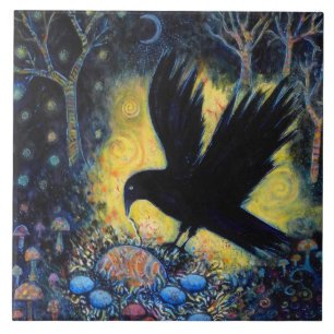 Nacht Raven mit Nest und Eiern Fliese