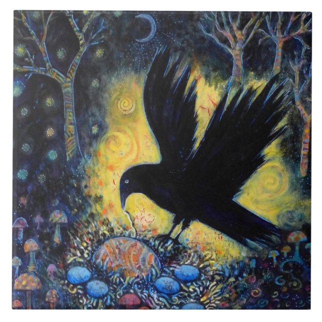 Nacht Raven mit Nest und Eiern Fliese (Vorderseite)