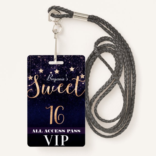 Nacht unter Stars Gold Lila Sweet 16 VIP Pass Ausweis (Vorderseite mit Schlüsselband)