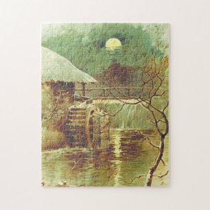 Nacht-Wasserrad, Mond, Wasserfall-Szene-Puzzle