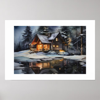Nachtbehagliche Winterhütte Poster