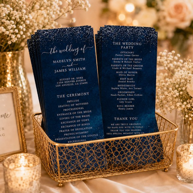 Nachtblaue Silber-Glitter-Sternenhimmel-Hochzeit Programm (Von Creator hochgeladen)