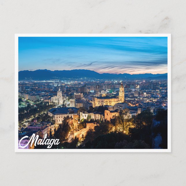 Nachtblick auf die Kathedrale von Malaga, Spanien Postkarte (Vorderseite)