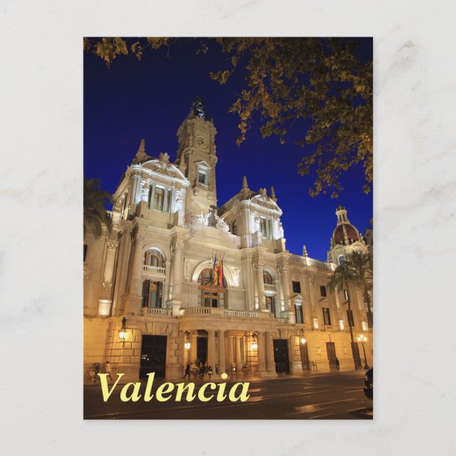 Nachtblick auf Plaza Ayuntamiento, Valencia, Spani Postkarte (Vorderseite)